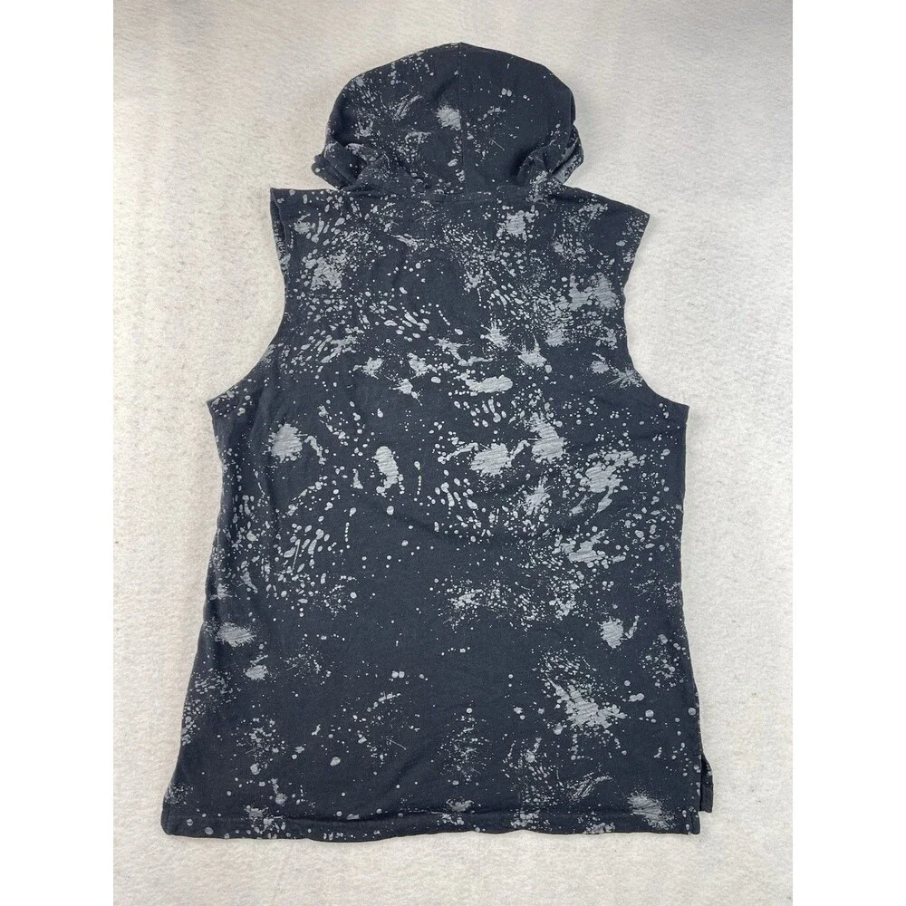 Guess Men’s Medium Black Sleeveless Hoodie Gray Splattered Paint Design - Picture 2 of 9